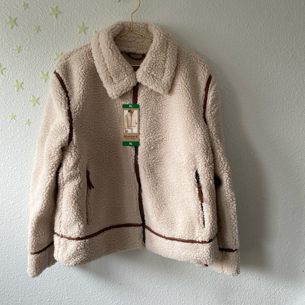 BearPaw Cream Sherpa Jacket with Tan Details